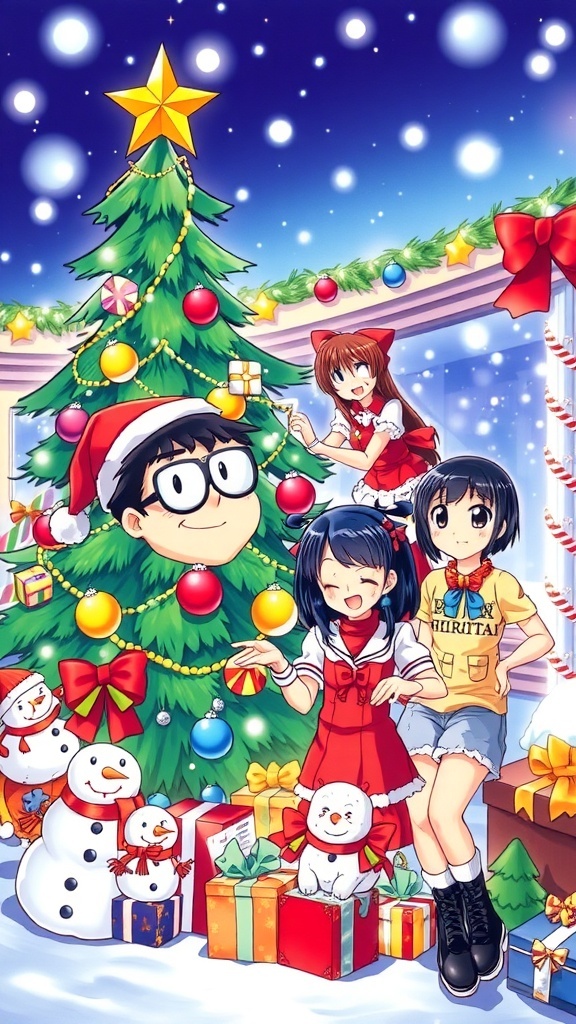 Ranma 1/2 characters in a Christmas setting with festive decorations and holiday attire.